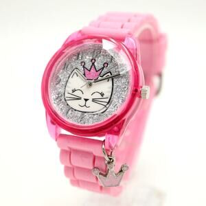 Pink Silver Glitter Cat Princess 36mm Girls Watch Silicone Strap w New Battery